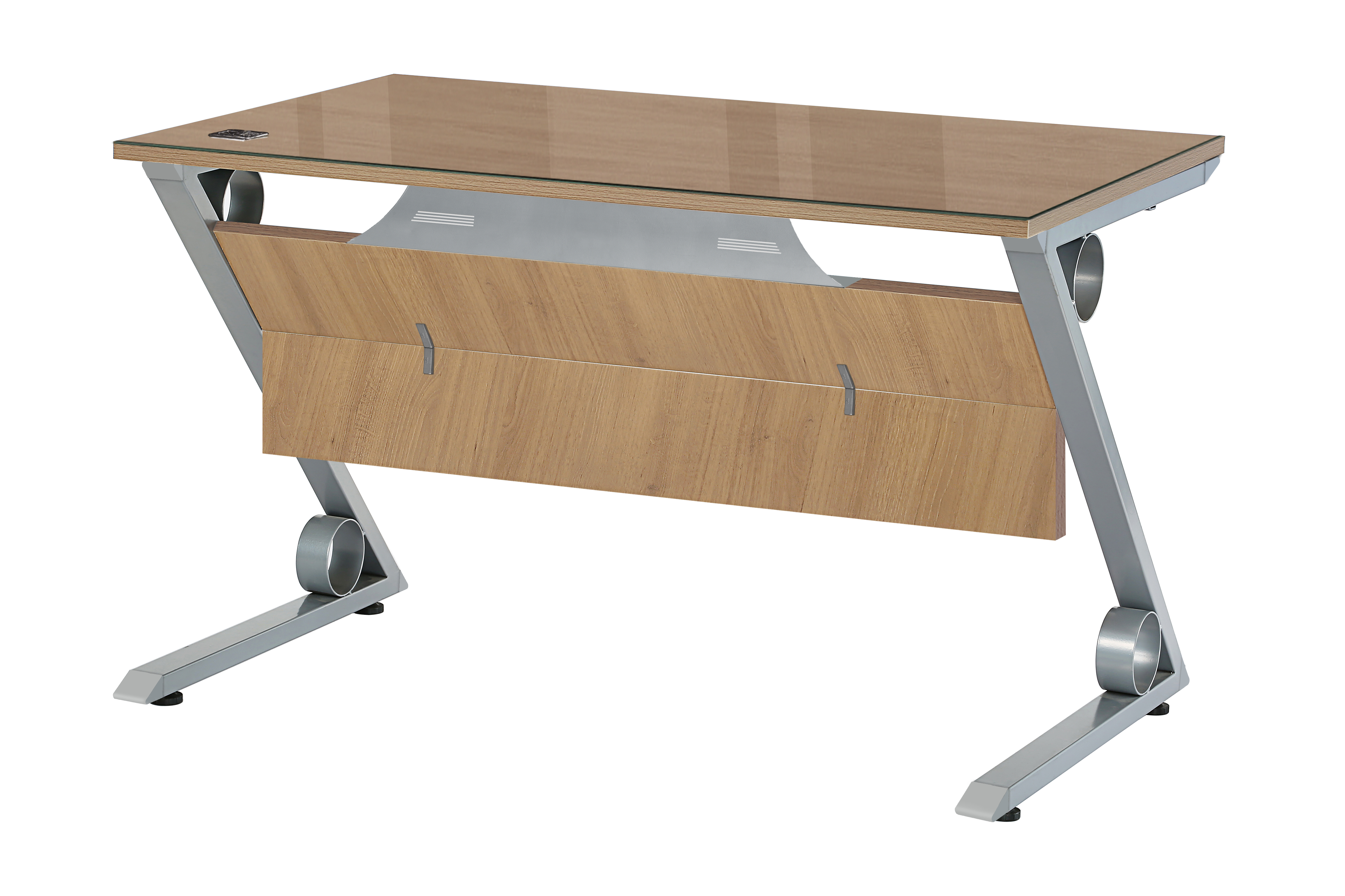 라이트월넛 Z철재다리 책상[투명유리]